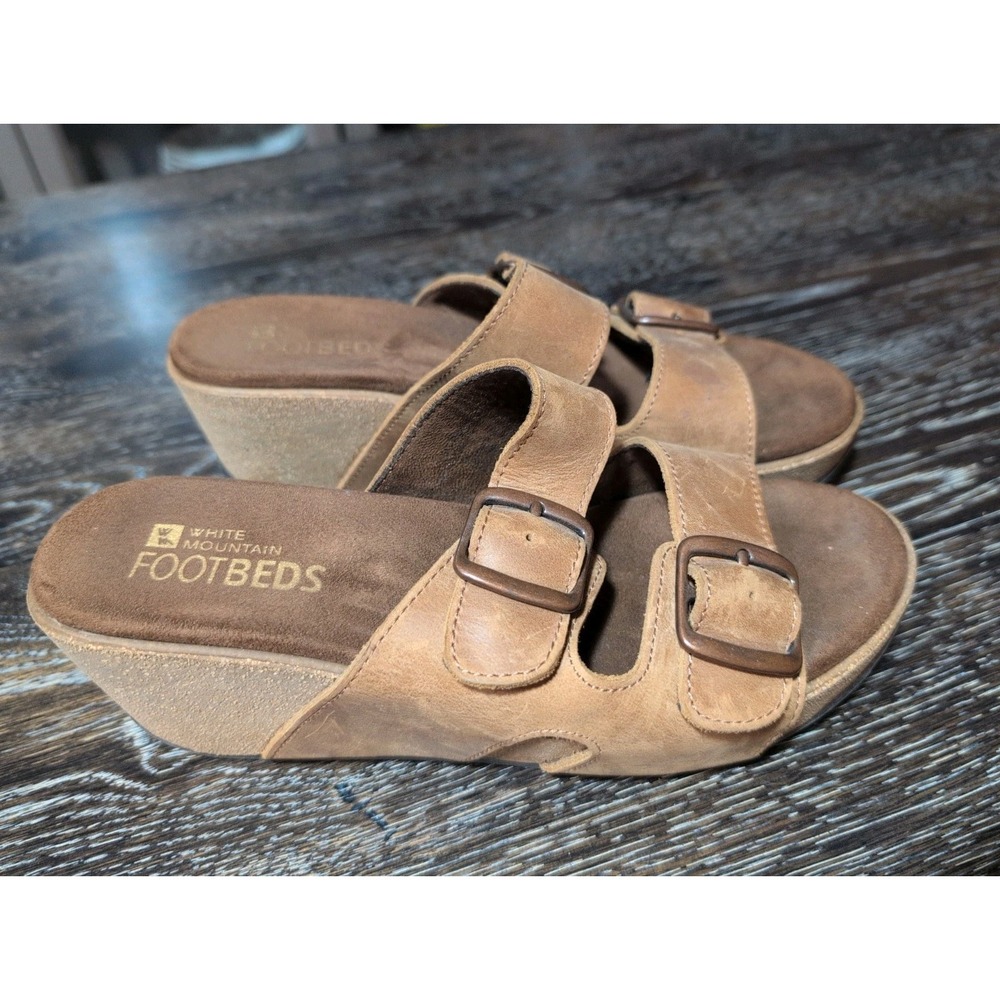 White Mountain Footbeds Slip On Brown Leather Wedge Sandals Sz 7 Boho Minimalist
